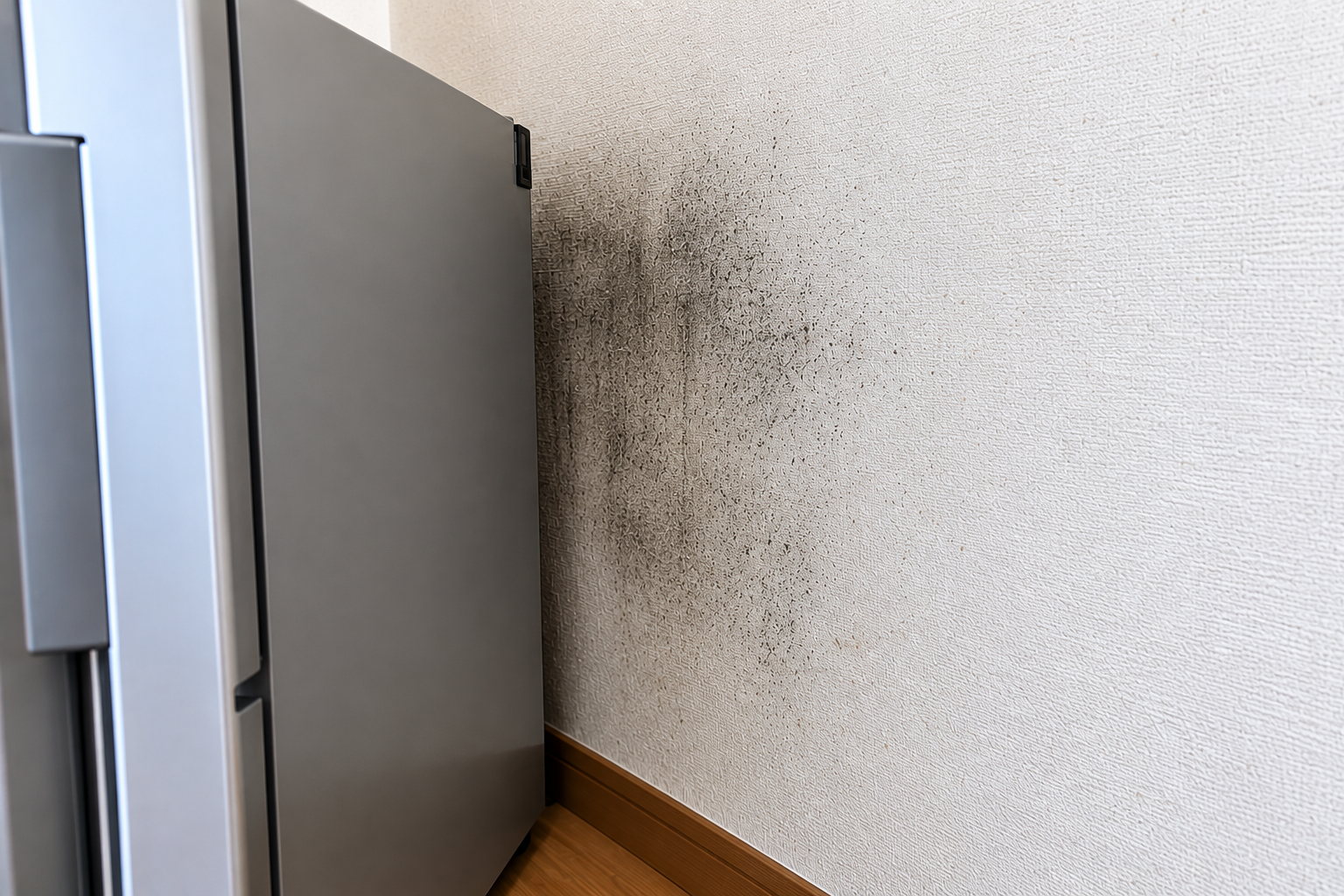 冷蔵庫裏の壁紙にできた黒ずみ・電気ヤケのイメージ