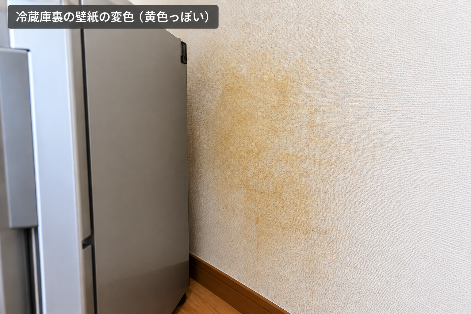 冷蔵庫裏の壁紙が黄色っぽく変色したイメージ