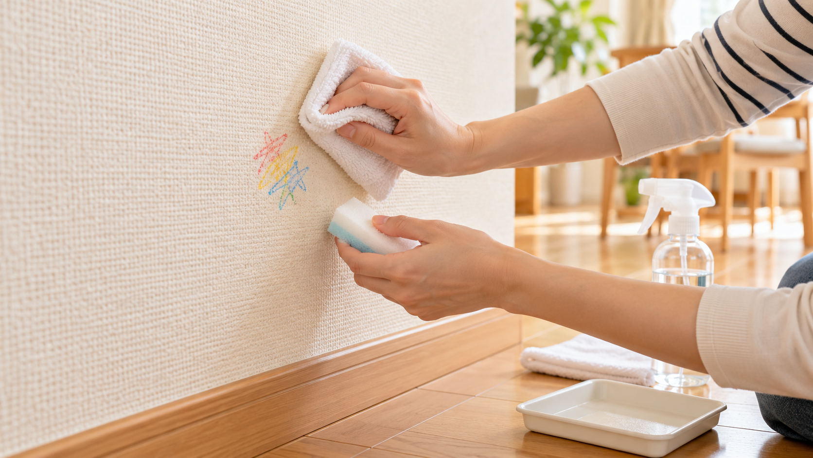 壁紙の汚れをやわらかい布で拭き取る様子