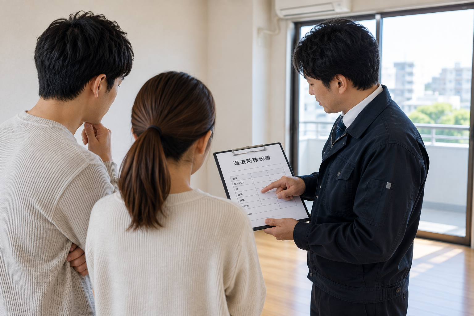 2人で賃貸の退去立ち会いをしている様子