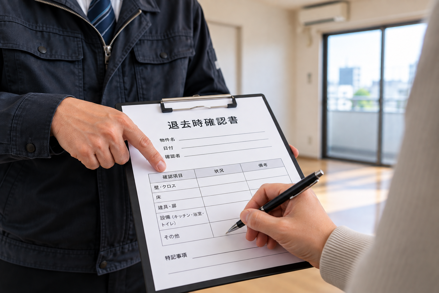 賃貸の退去立ち会いで書類を確認する様子