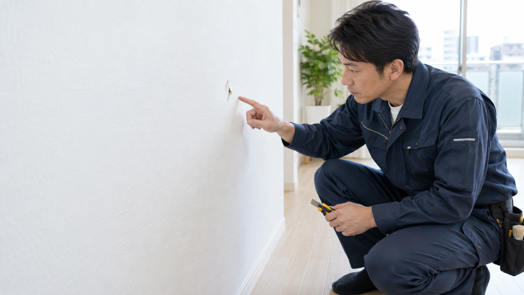 壁紙の穴を確認するクロス職人