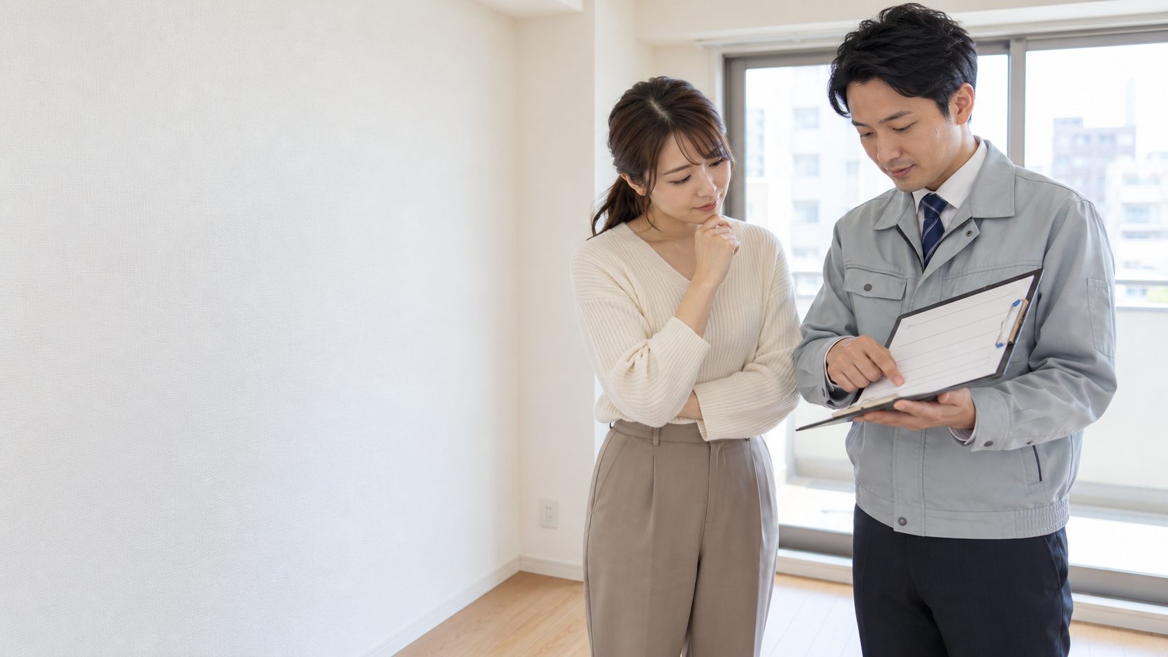 賃貸退去時に壁紙の見積もりを確認する様子