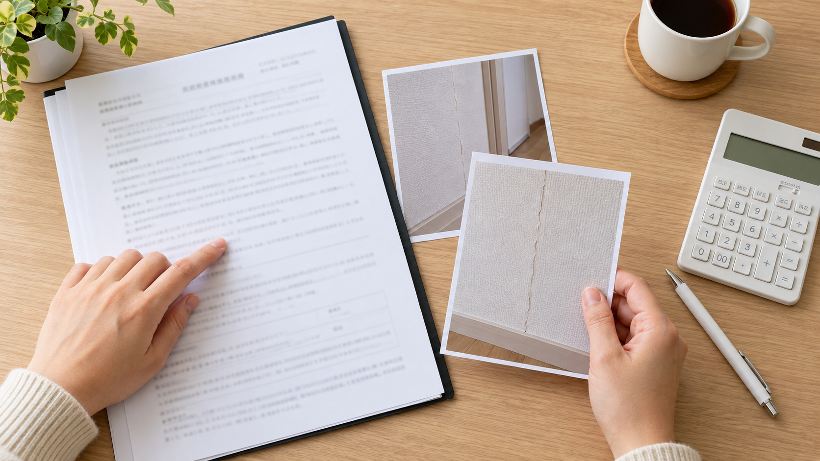 賃貸の壁紙の退去費用を契約書と写真で確認する様子