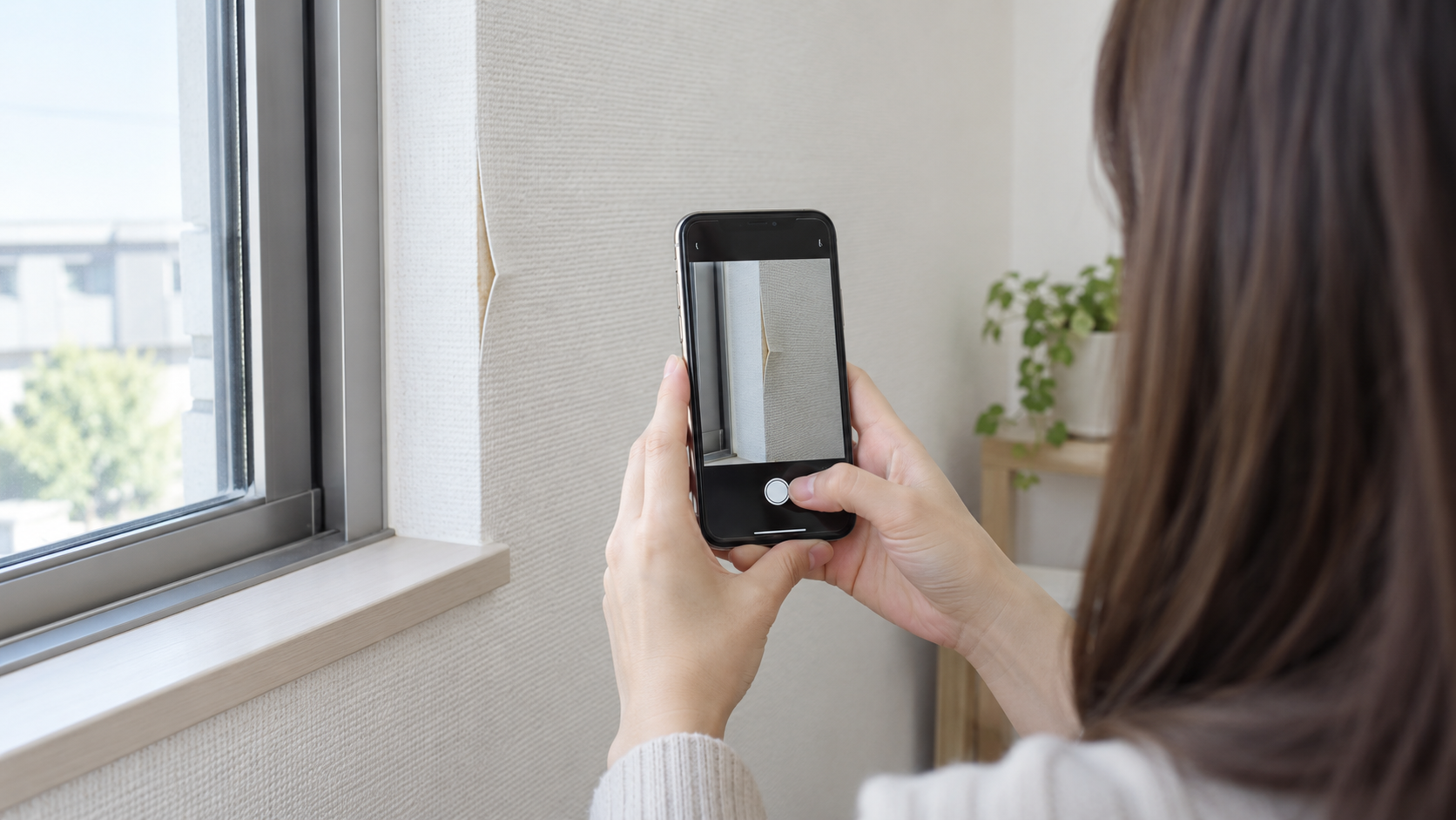 賃貸物件で浮いた壁紙をスマホで撮影して記録する様子