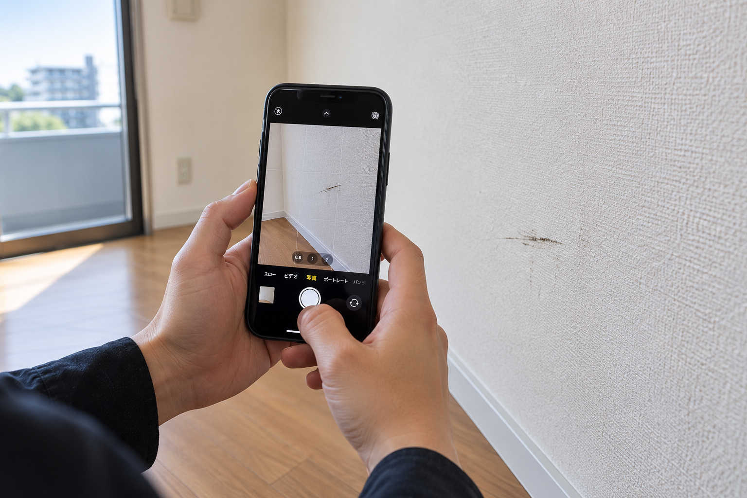 退去前にスマートフォンで壁紙の傷を撮影する様子