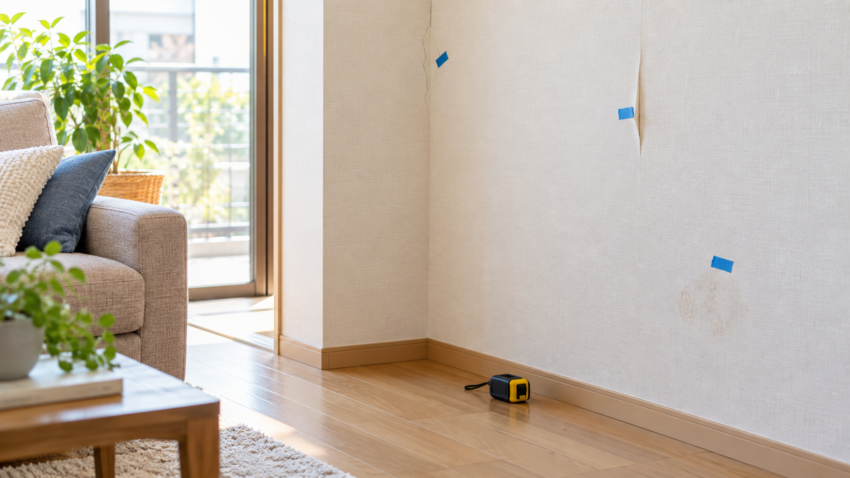 剥がれやひび割れがある壁紙を確認する室内