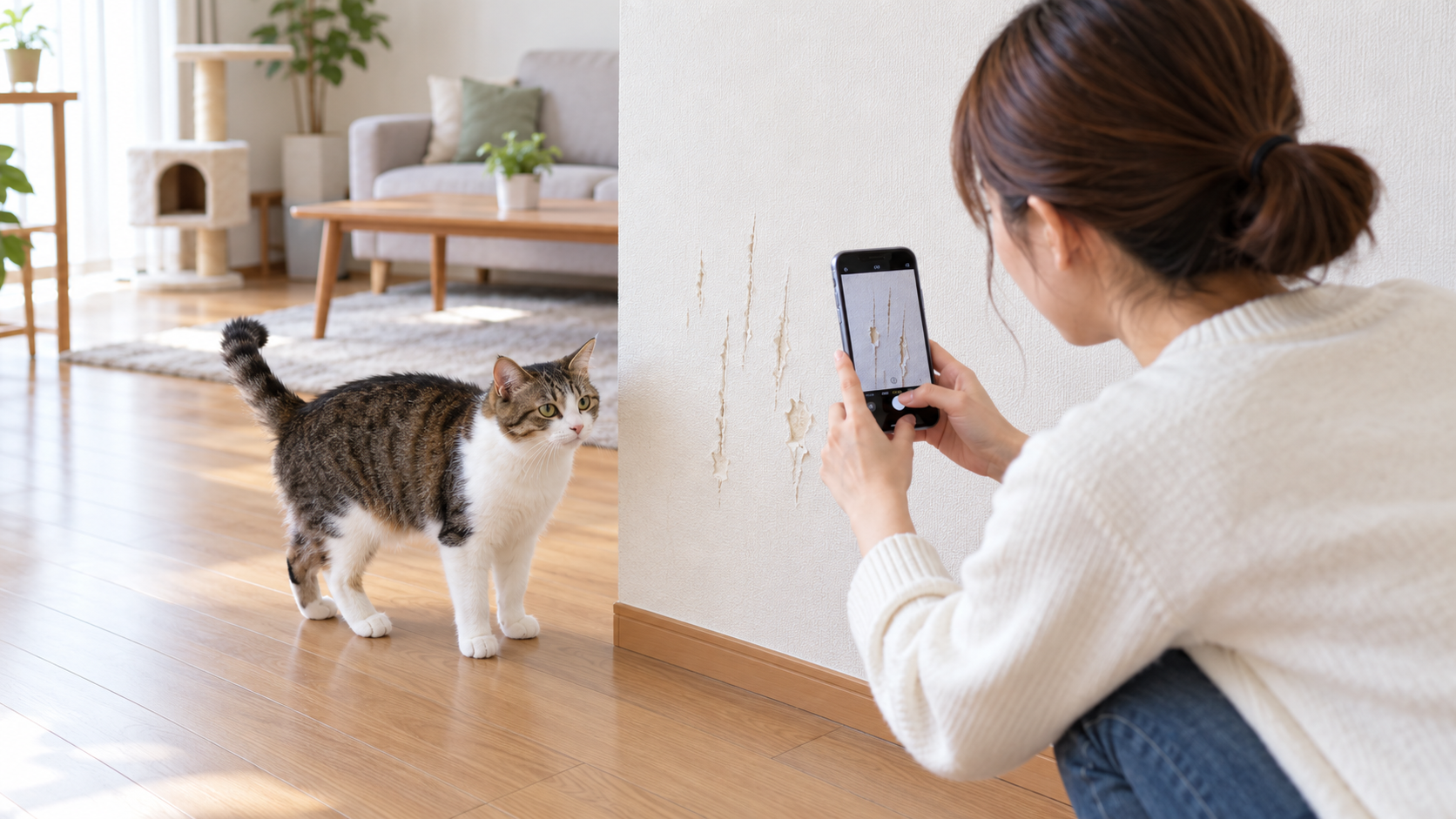 賃貸の壁紙についたペットのひっかき傷を写真に残す様子