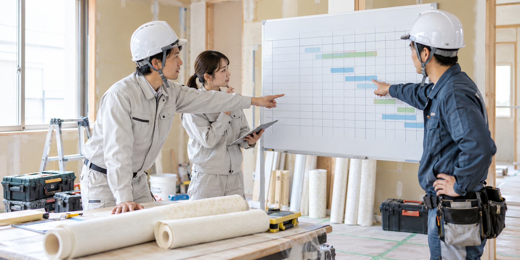 工程を確認する建築現場のメンバー