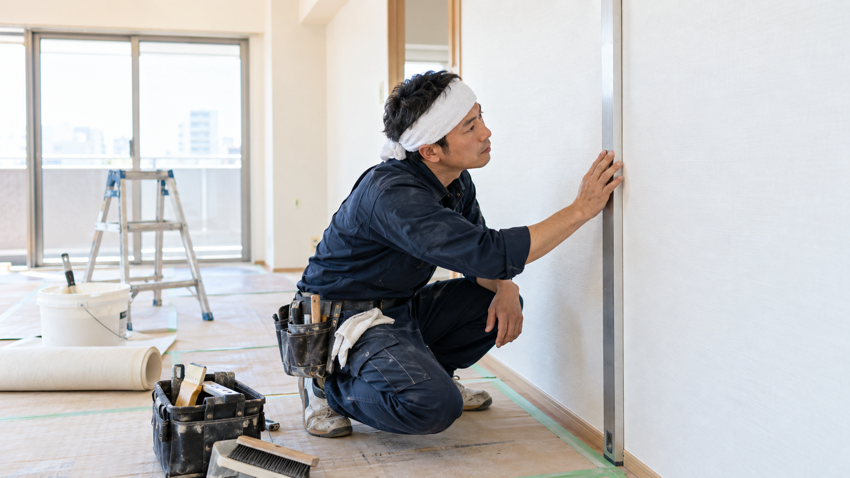 仕上がりを確認するクロス職人