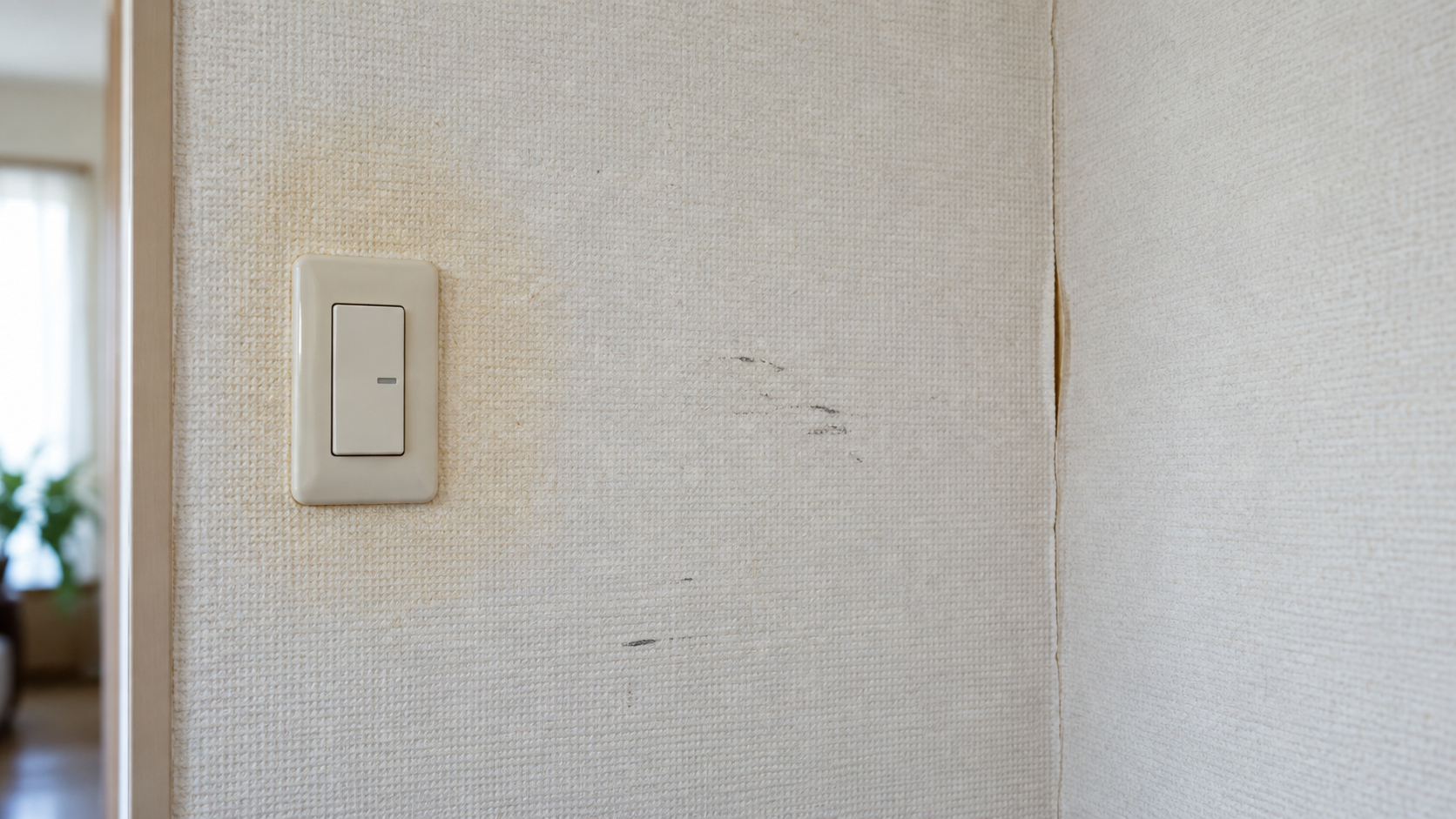 黄ばみや黒ずみ、継ぎ目の開きがある壁紙